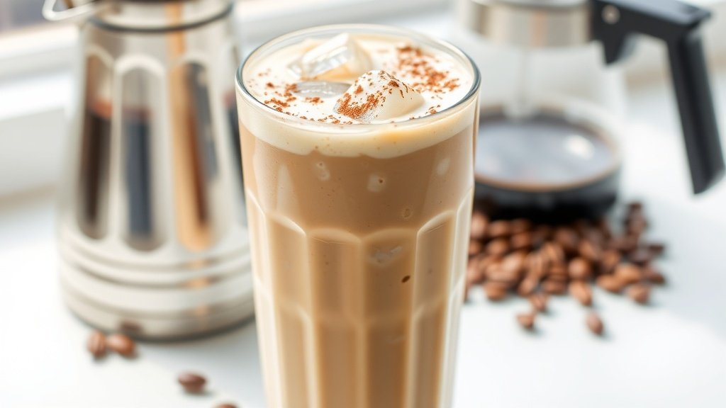 A refreshing glass of iced cottage cheese coffee with ice, cocoa powder on top, and coffee beans in the background.