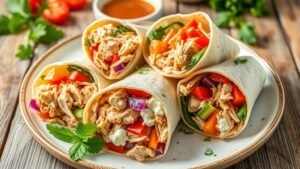 Creamy chicken wraps with cottage cheese and vegetables on a plate, garnished with herbs.