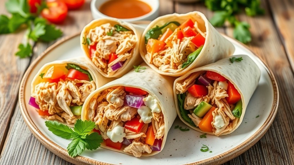 Creamy chicken wraps with cottage cheese and vegetables on a plate, garnished with herbs.