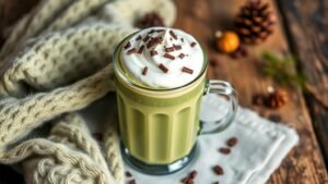 A cozy cup of matcha hot chocolate with whipped cream and chocolate shavings on a rustic table.