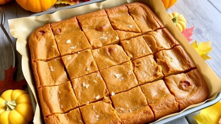 A tray of golden brown pumpkin blondies with a sprinkle of sea salt, surrounded by autumn decorations.