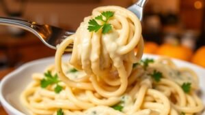 A bowl of creamy cottage cheese Alfredo pasta garnished with parsley, set in a cozy kitchen atmosphere.