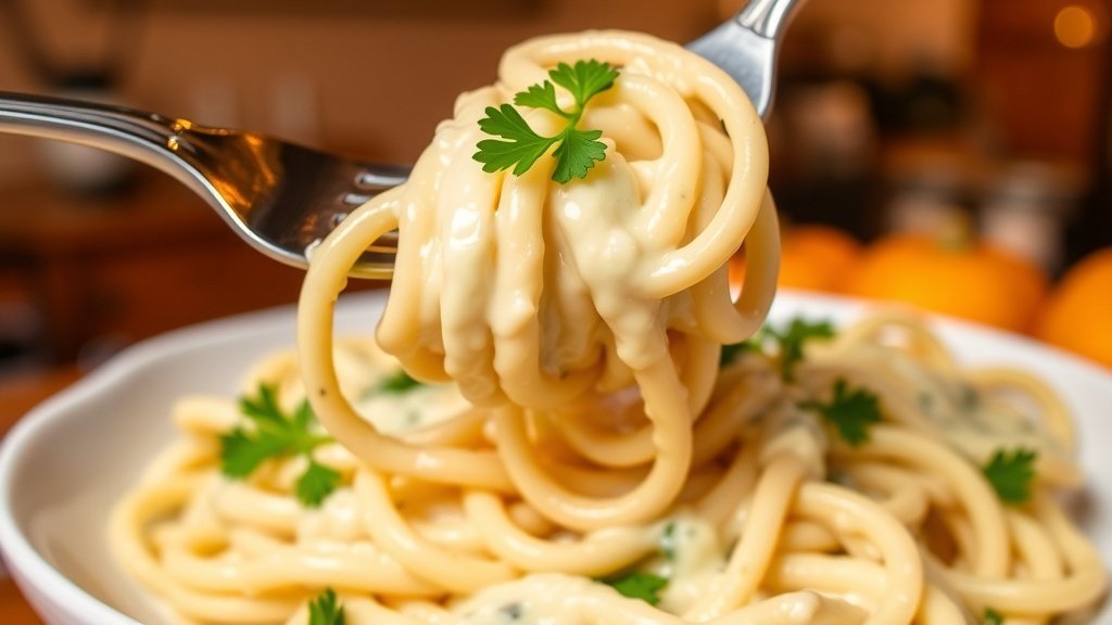 A bowl of creamy cottage cheese Alfredo pasta garnished with parsley, set in a cozy kitchen atmosphere.