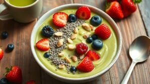 Creamy matcha chia pudding topped with berries and nuts on a wooden table with a cup of matcha tea.