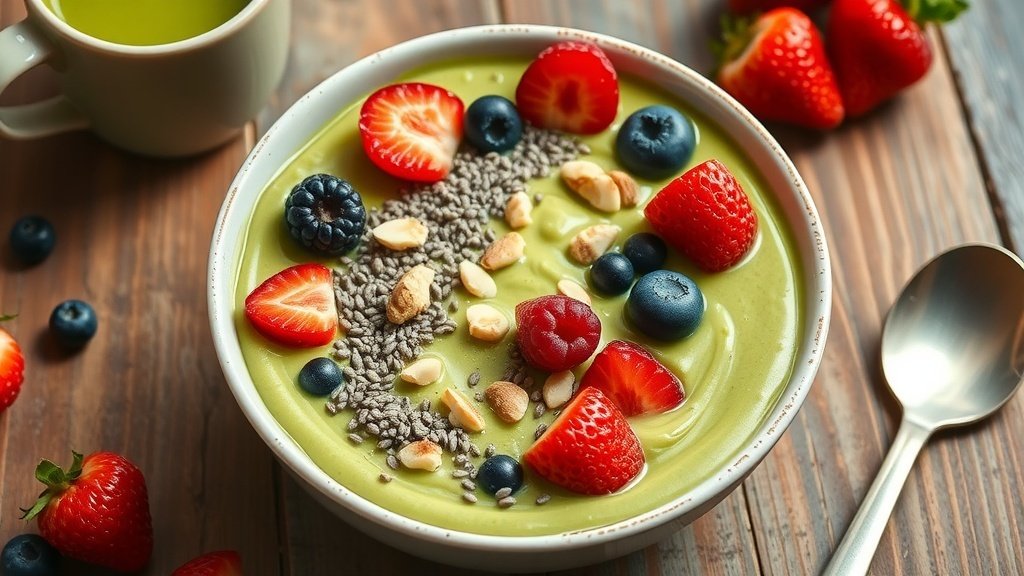 Creamy matcha chia pudding topped with berries and nuts on a wooden table with a cup of matcha tea.