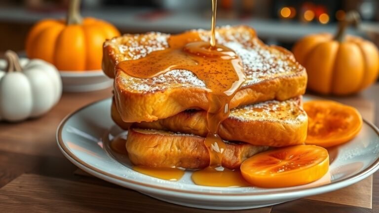Fluffy pumpkin french toast topped with maple syrup and powdered sugar, served with fresh pumpkin slices.