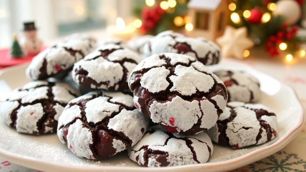 A plate of dark chocolate cherry crinkle cookies with powdered sugar, decorated for the holidays.