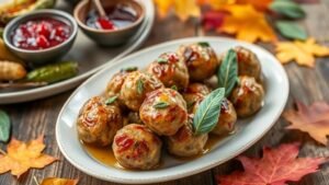 Savory apple sage turkey meatballs on a plate with roasted vegetables and cranberry sauce, set on a rustic wooden table with autumn leaves.