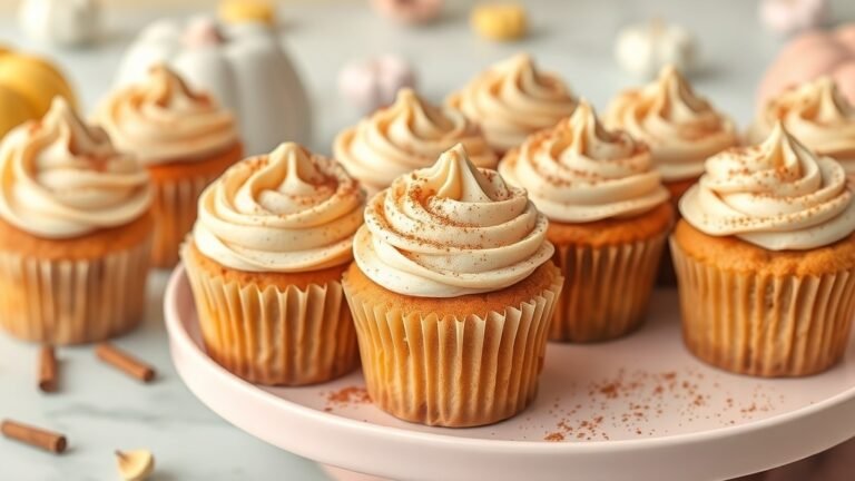 Frosted brown sugar cinnamon cupcakes with brown sugar frosting and cinnamon dust on a pastel plate.