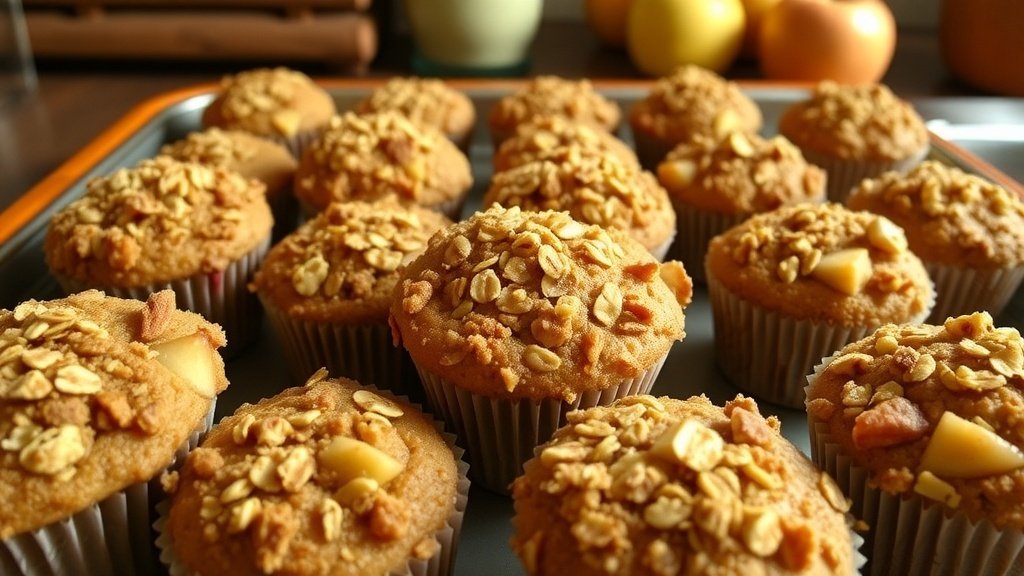 Freshly baked apple cinnamon protein muffins with oat streusel on a rustic tray.