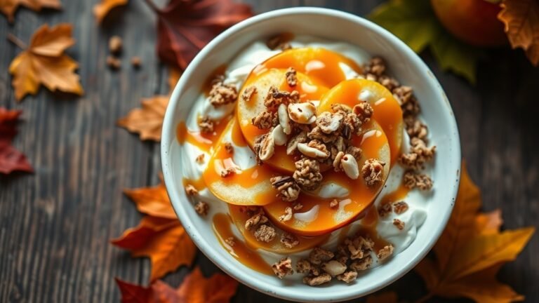 A delicious caramel apple pie yogurt bowl with spiced apples, granola, and caramel sauce on a rustic table.