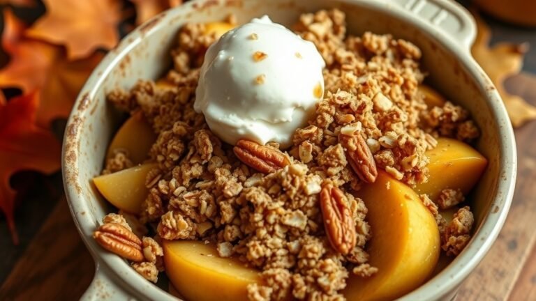 A delicious apple crumble with oat topping, served warm with vanilla ice cream, set against a backdrop of autumn leaves.