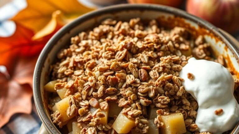 A healthy apple crisp with golden topping and spiced apples, served with yogurt in a rustic kitchen.