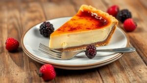 Slice of creme brulee pie with caramelized sugar crust and creamy filling, garnished with berries.