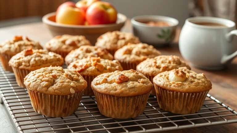 Golden brown healthy apple cinnamon oat muffins cooling on a rack with fresh apples in the background.