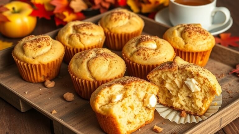 A tray of golden apple cinnamon cottage cheese muffins with chunks of apple, set on a rustic table with autumn leaves.