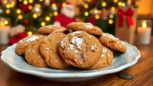 A plate of gingerbread toffee cookies with toffee bits and powdered sugar, set against a festive holiday backdrop.
