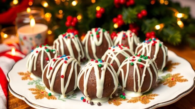 Gingerbread Oreo truffles coated in white chocolate with holiday sprinkles on a decorative plate.