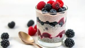 A glass of blackberry vanilla chia pudding topped with fresh berries, set on a rustic table.