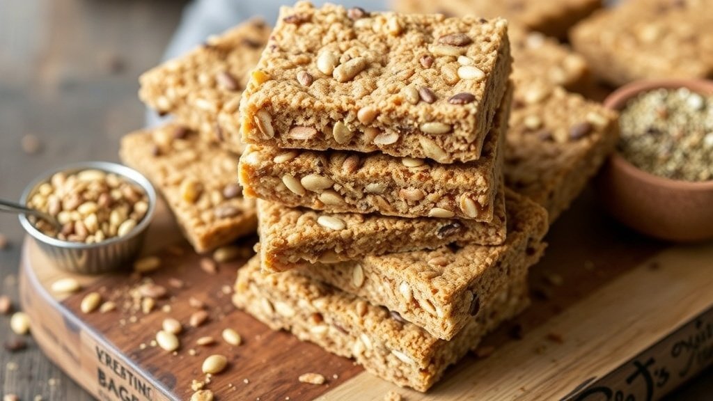Stack of everything-seasoned seed bars on a wooden board with scattered seeds and seasoning.
