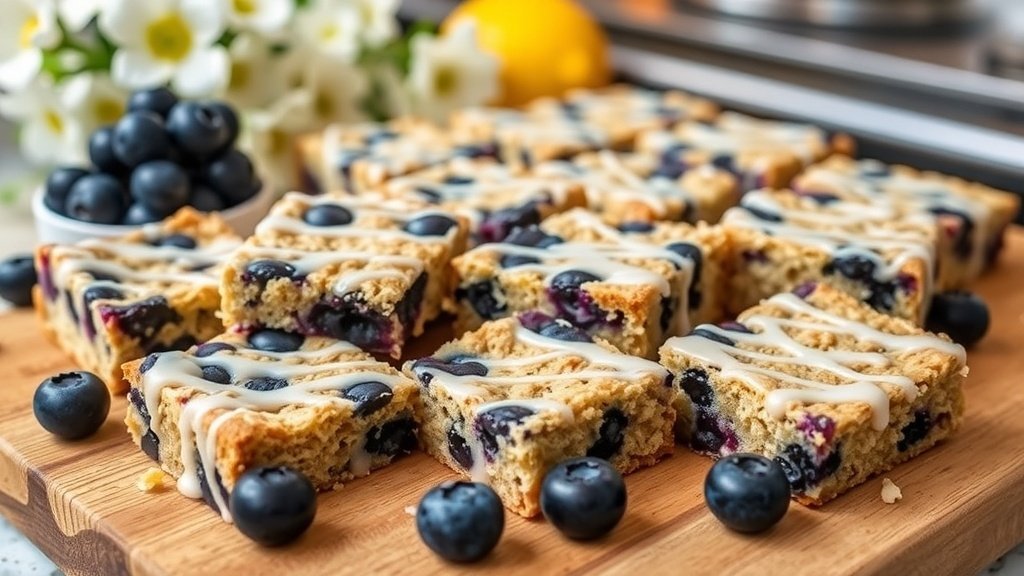 Freshly baked blueberry lemon oat bars on a wooden board with blueberries and spring flowers.