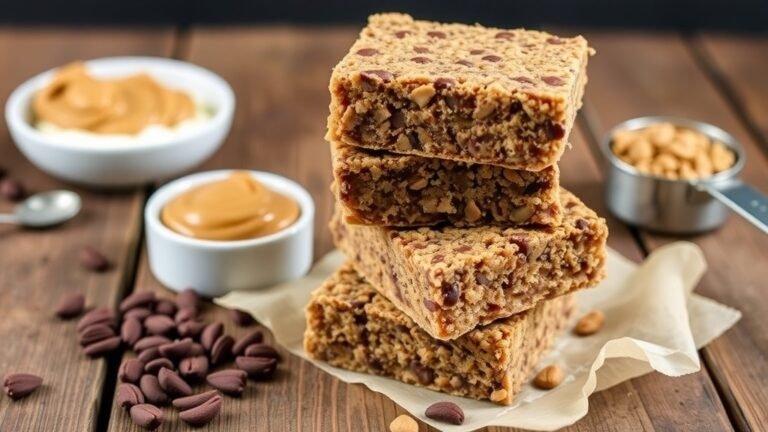 Stack of no-bake peanut butter cacao nib protein bars on a wooden surface, with cacao nibs and peanut butter in the background.
