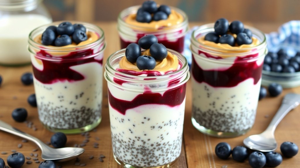 Blueberry Chia PB&J Cups with layers of chia pudding, blueberry compote, and peanut butter, garnished with fresh blueberries.