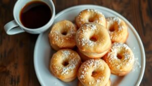 Baked cottage cheese donuts on a plate, lightly glazed and dusted with powdered sugar, with a cup of coffee.