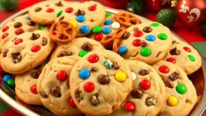 A colorful assortment of Christmas Kitchen Sink Cookies with M&M