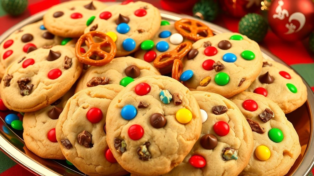 Festive Christmas Kitchen Sink Cookies Recipe A colorful assortment of Christmas Kitchen Sink Cookies with M&M
