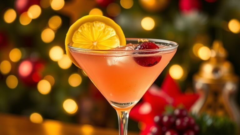 A festive lemon drop martini with lemon slice and cranberries, surrounded by holiday decorations.