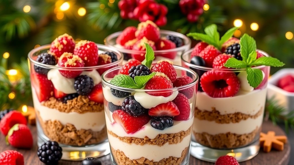 Gingerbread Berry Cheesecake Parfaits Gingerbread berry cheesecake parfaits layered in glasses with gingerbread cookies and berries, decorated with mint leaves.