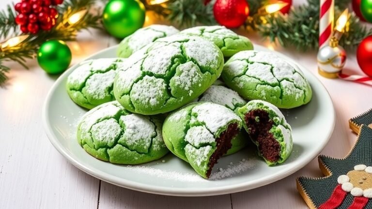 A festive plate of green crinkle cookies with powdered sugar, ideal for Christmas celebrations.