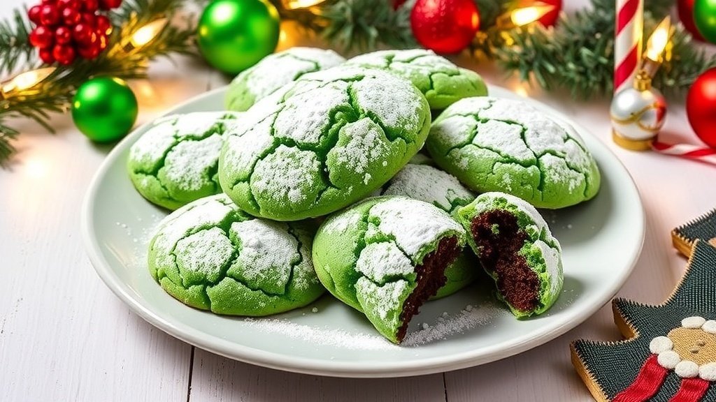 A festive plate of green crinkle cookies with powdered sugar, ideal for Christmas celebrations.