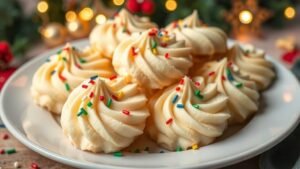 A plate of whipped shortbread cookies with festive sprinkles in a holiday setting.