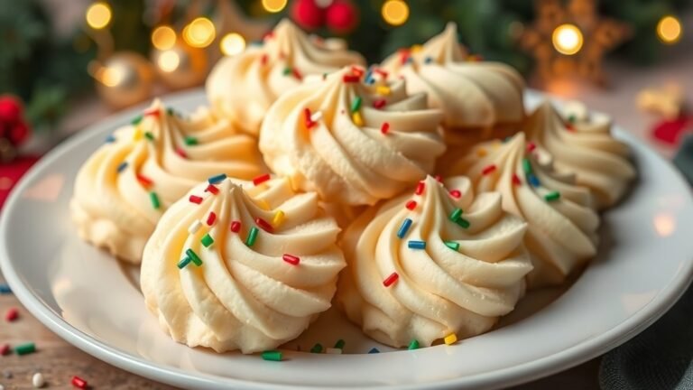 A plate of whipped shortbread cookies with festive sprinkles in a holiday setting.