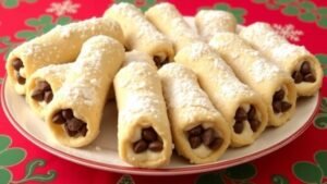 A plate of cannoli cookies with chocolate chips, dusted with powdered sugar, on a festive table.