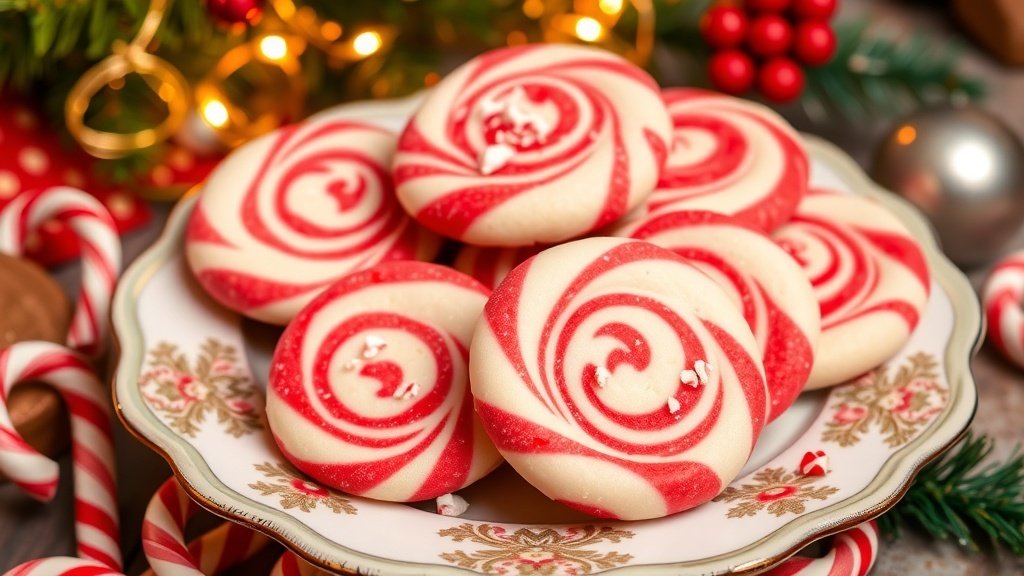 A plate of colorful candy cane swirl cookies with red and white swirls, garnished with crushed candy canes, in a festive holiday setting.