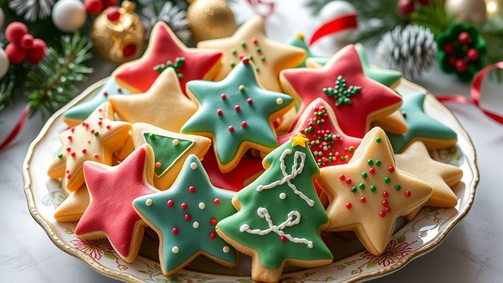 A platter of colorful Christmas spritz cookies in festive shapes, decorated with sprinkles, surrounded by holiday decorations.