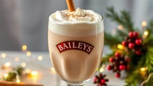 A festive Baileys eggnog cocktail in a glass topped with whipped cream and nutmeg, garnished with a cinnamon stick.
