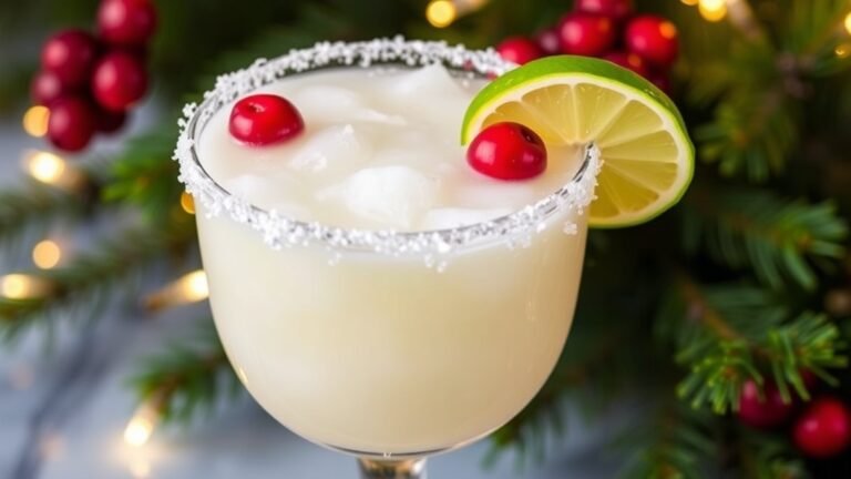 A White Christmas Margarita in a glass with cranberry garnish, surrounded by holiday decorations.