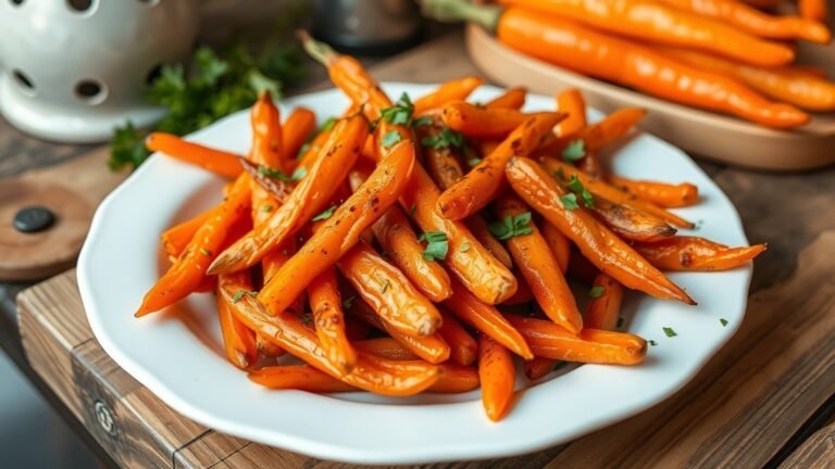 A plate of crispy smashed carrots garnished with herbs, served on a rustic table.