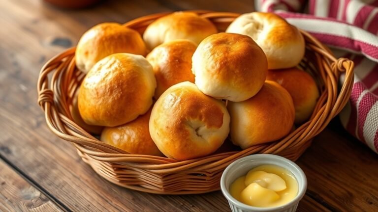 A basket of golden brown fluffy dinner rolls with melted butter and honey butter on a rustic table.