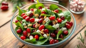 A colorful cranberry spinach salad with cranberries, almonds, feta, and red onion in a clear bowl on a rustic table.