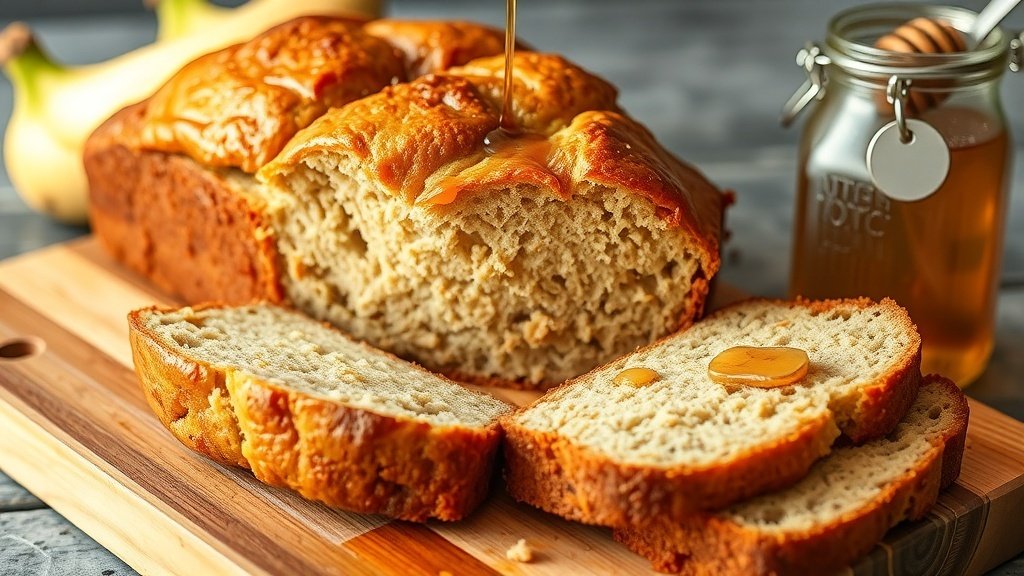 Sliced honey-vanilla banana bread on a cutting board with bananas and honey jar.