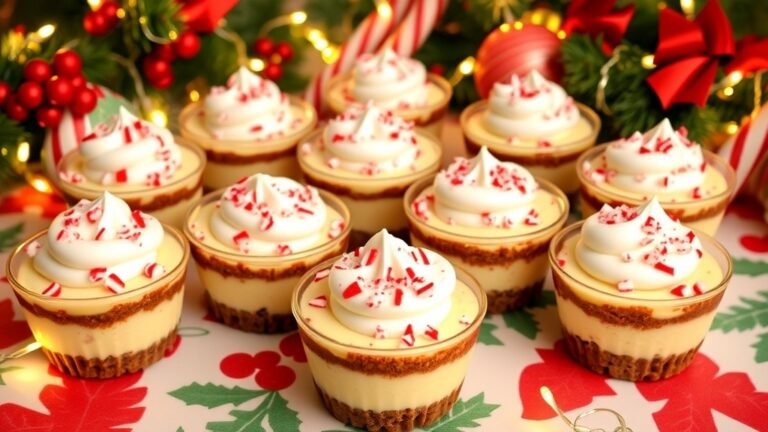Festive cottage cheese peppermint cheesecake cups topped with whipped cream and crushed peppermint, on a holiday table.