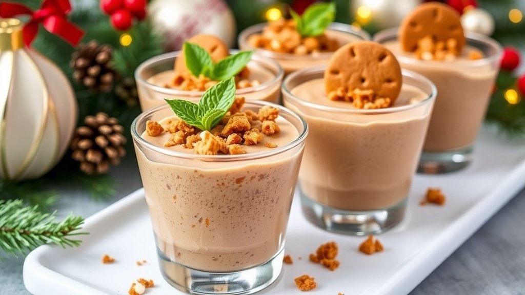 Gingerbread cottage cheese mousse cups topped with crushed cookies and mint, set against a festive holiday backdrop.