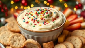 Cottage cheese sugar cookie dip in a bowl with sprinkles, served with graham crackers and fruit on a festive table.