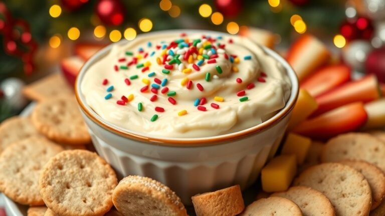 Cottage cheese sugar cookie dip in a bowl with sprinkles, served with graham crackers and fruit on a festive table.