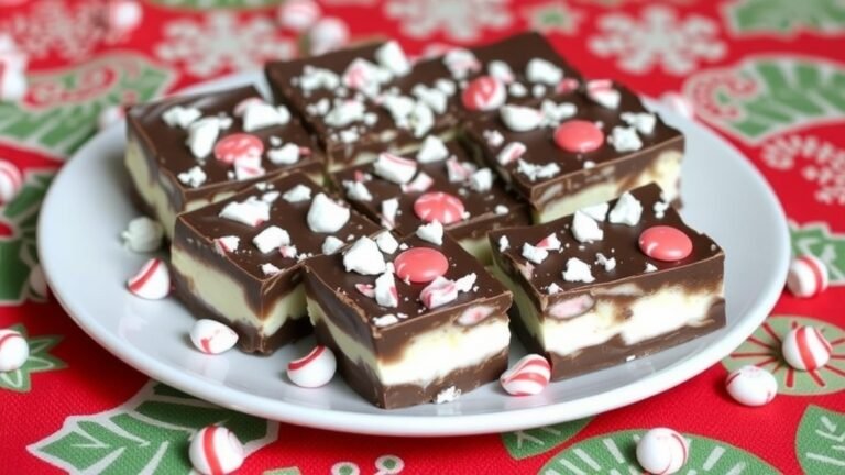 Cottage Cheese Chocolate Peppermint Bark Bars on a festive table, topped with crushed peppermint.